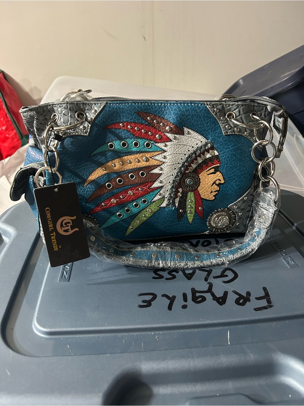 Turquoise Studded Native Headdress Shoulder Bag